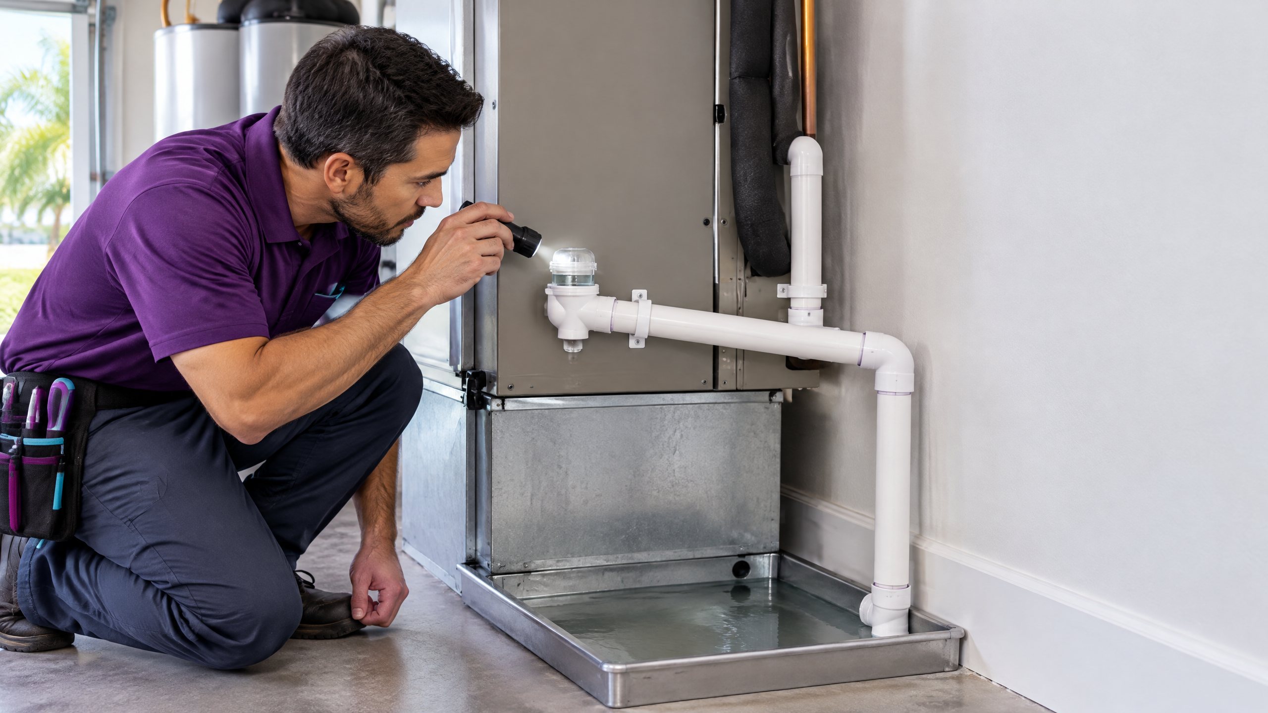 HVAC technician inspecting a residential AC condensate drain line and secondary pan in a Tampa-area home