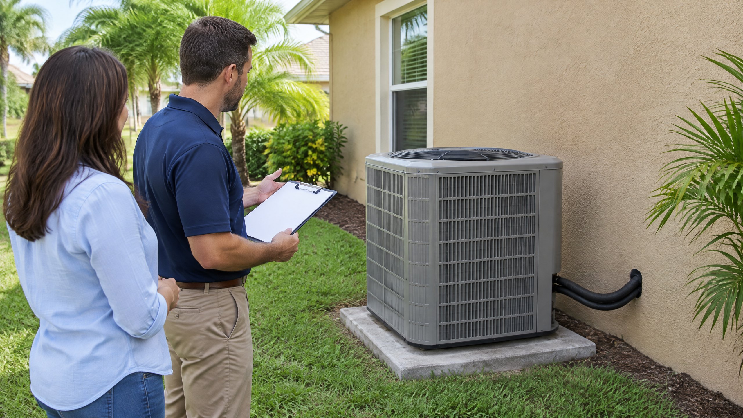 Homeowner and HVAC professional discussing refrigerant-line scope beside a closed outdoor AC unit at a Florida home