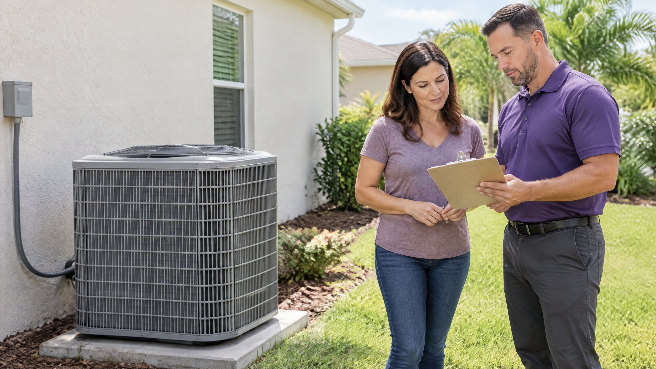 Illustrative homeowner and service professional discussing replacement scope beside a closed outdoor AC unit