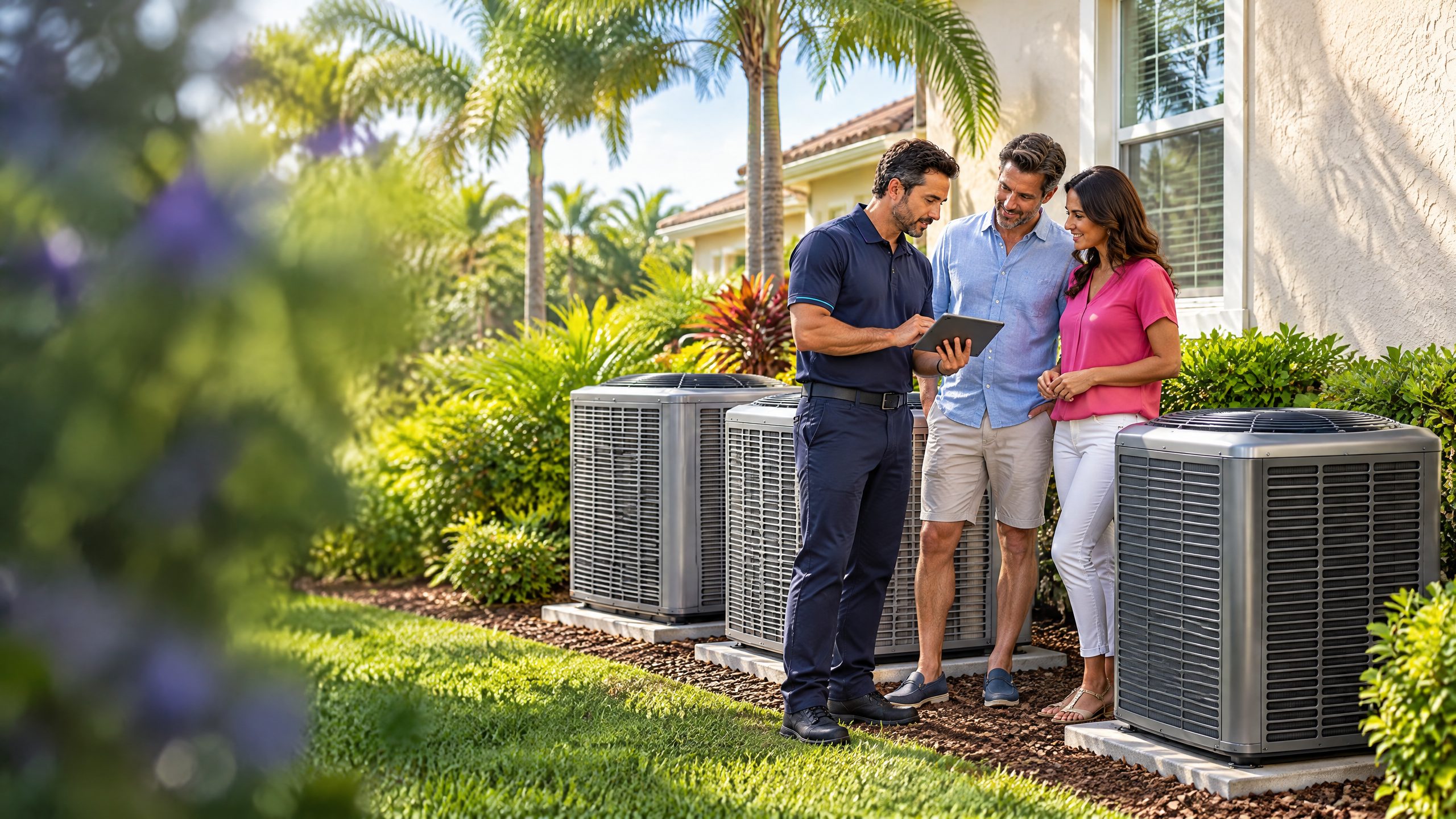 Tampa homeowners comparing three central AC equipment options with an HVAC advisor