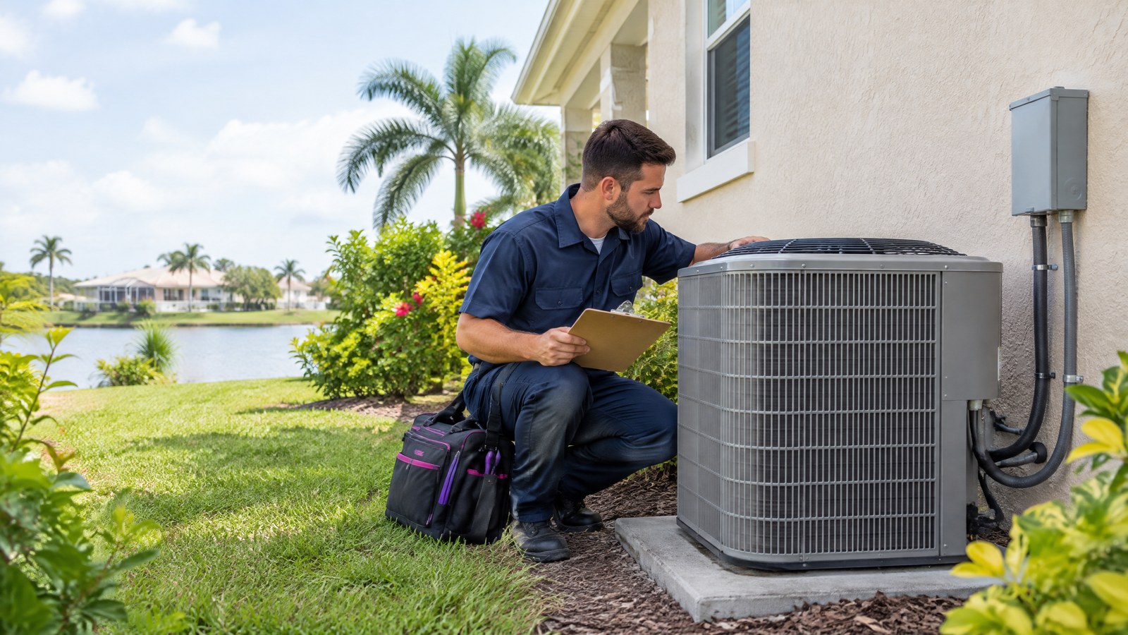 HVAC technician checking a residential outdoor AC unit beside permit paperwork at a Tampa-area home