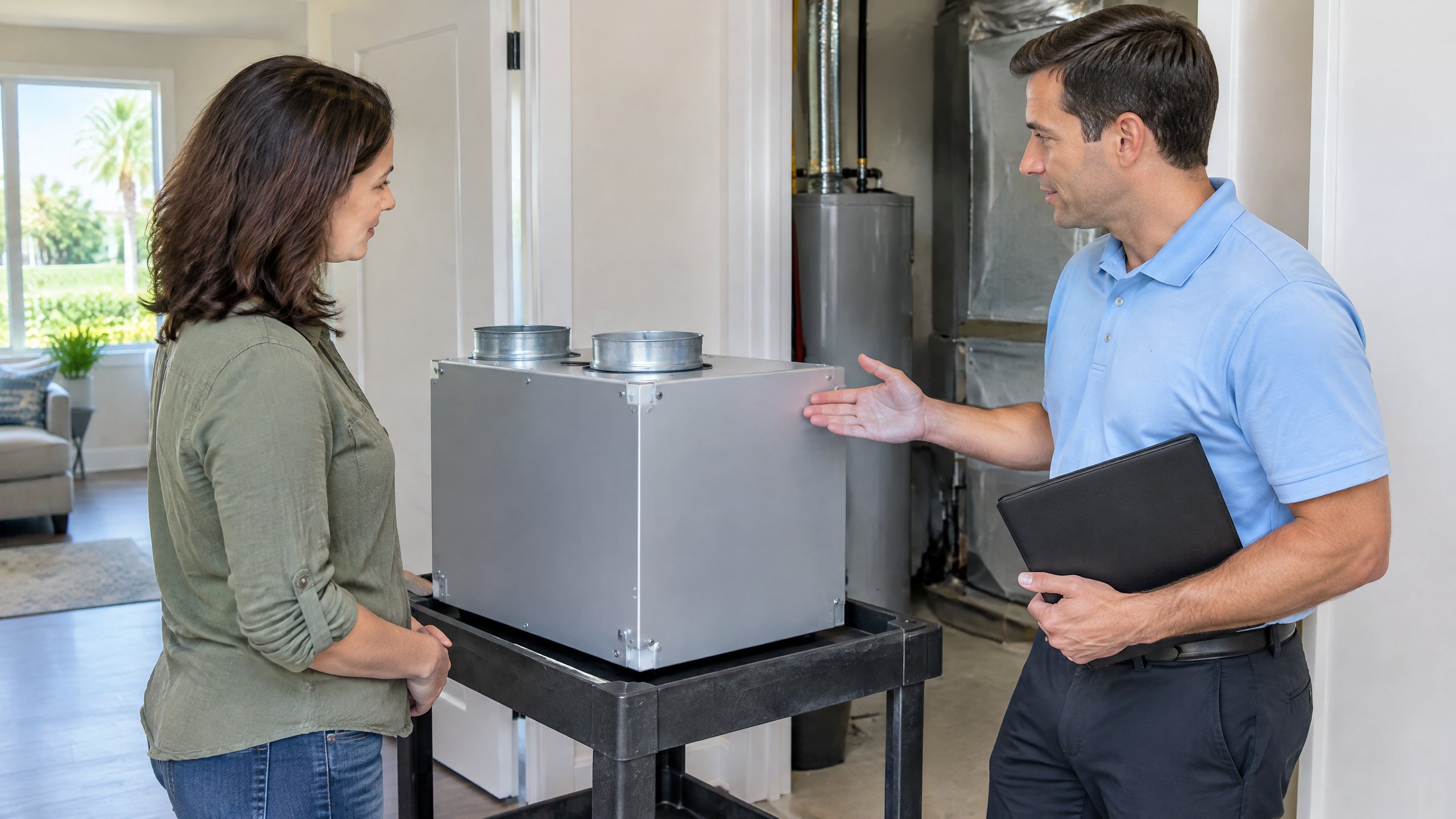 Illustrative homeowner and HVAC consultant discussing an uninstalled cabinet-style dehumidifier